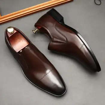 גודל 6 עד 12 קלאסי Mens נעליים קלות אמיתי עור פרה נעלי שמלה חומות בעבודת יד להחליק על הסגנון האיטלקי משרד רשמי נעליים