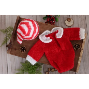 חג המולד סנטה קלאוס רומפר בונט להגדיר היילוד אנגורה תלבושת סרוגים סרבל תינוק בן יומו רדום הכובע צילום אביזרים בונט